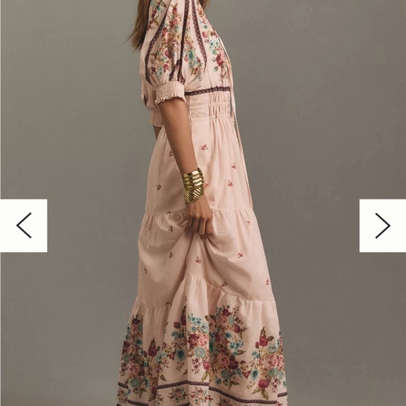 Anthropologie Pink Floral Maxi Dress Puff Sleeve - Picture 3 of 7